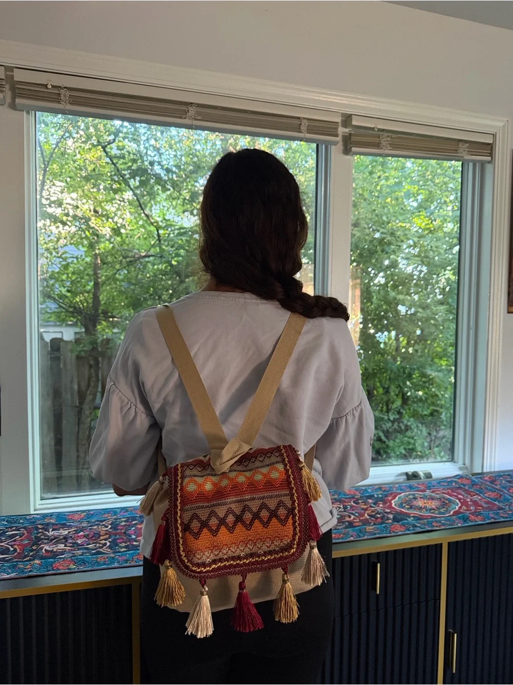 AuthenticTribe Gorgeous mini Ethnic Tassel Backpack Pink Gold Burgundy tan boho